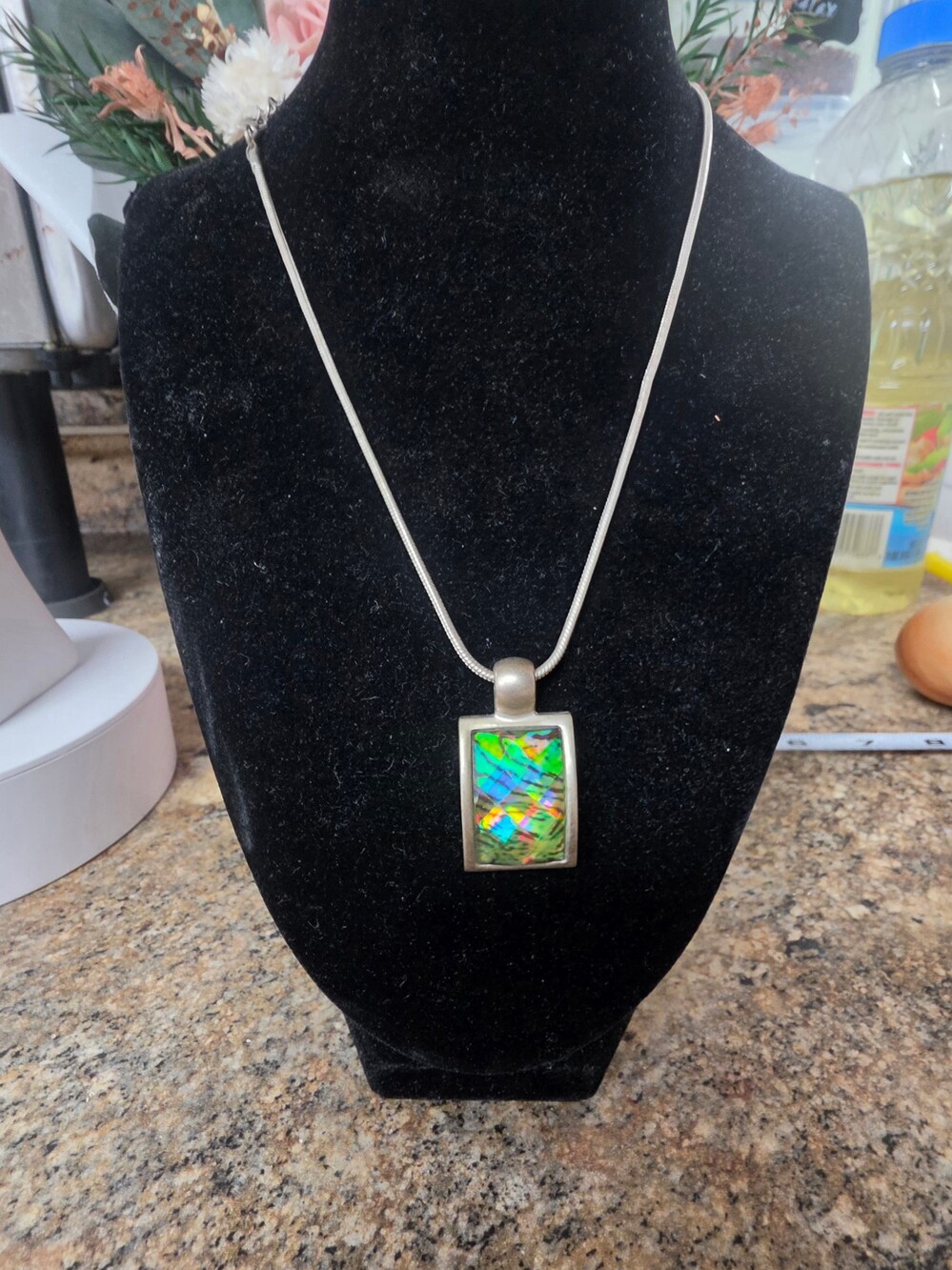 True Vintage Silver Necklace Pendant Iridescent Multicolor Inlay Signed KC